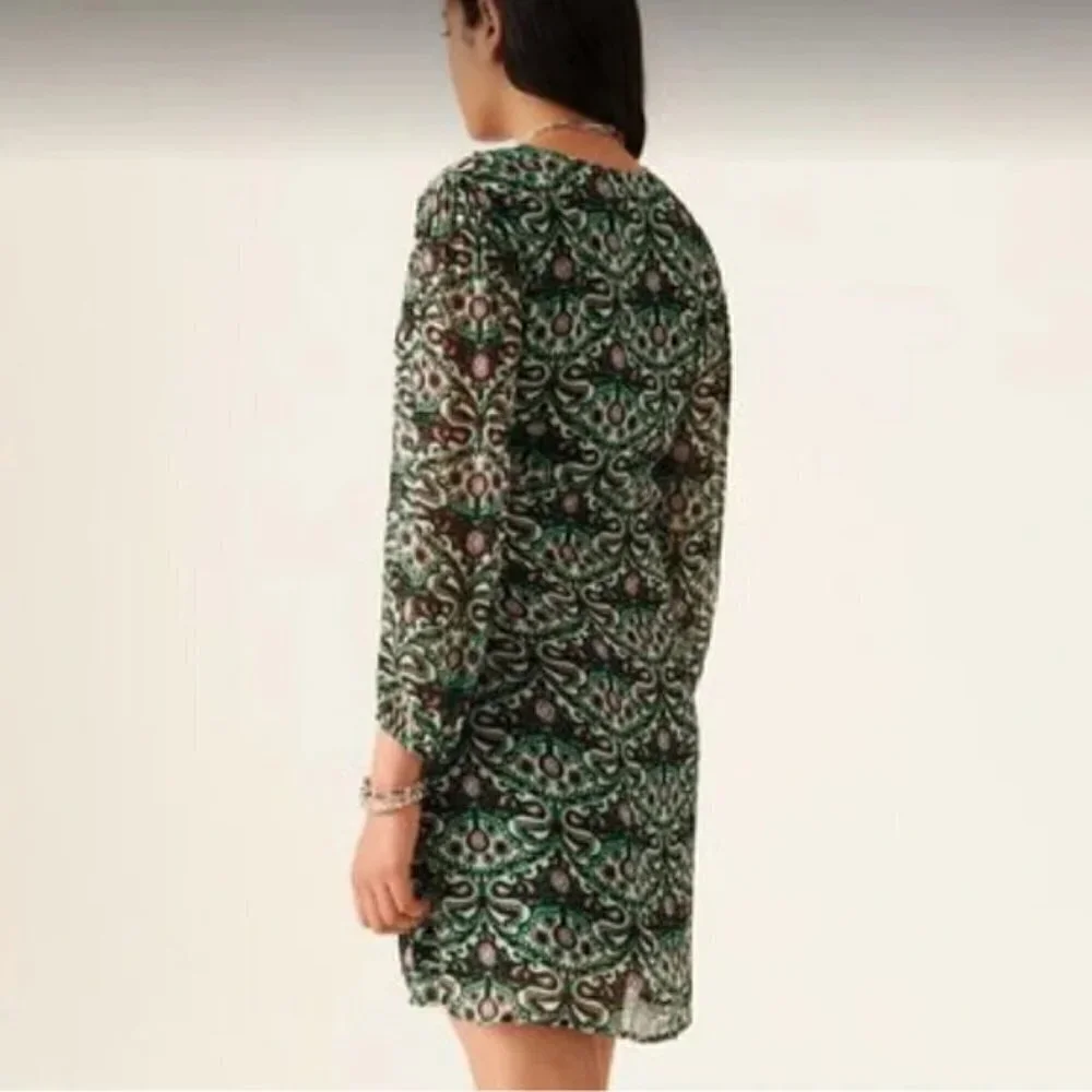 NEW Ba&sh Fanny Ruched Mini Dress - Green Motif - size Large - Picture 2 of 5